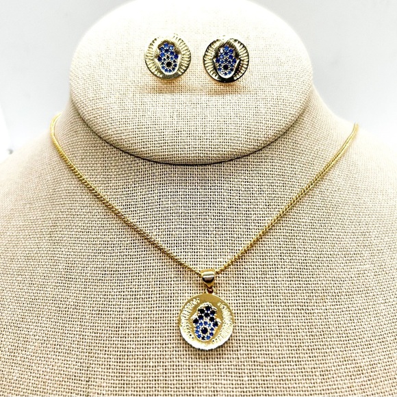 NWOT Hamsa Hand, Evil Eye Earring and Necklace with Charm set, Gold Filled 18" - Picture 8 of 14